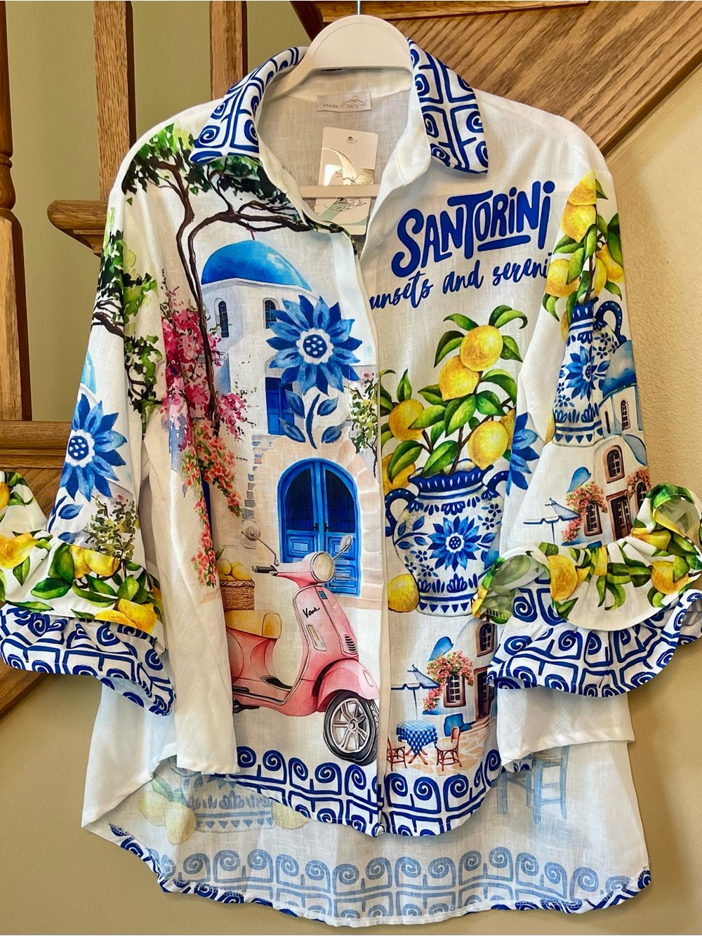 NWT MADE IN PADOVA, ITALY SANTORINI PRINT HIGH-LOW RUFFLED SLEEVE LUXURY BLOUSE - Picture 6 of 17